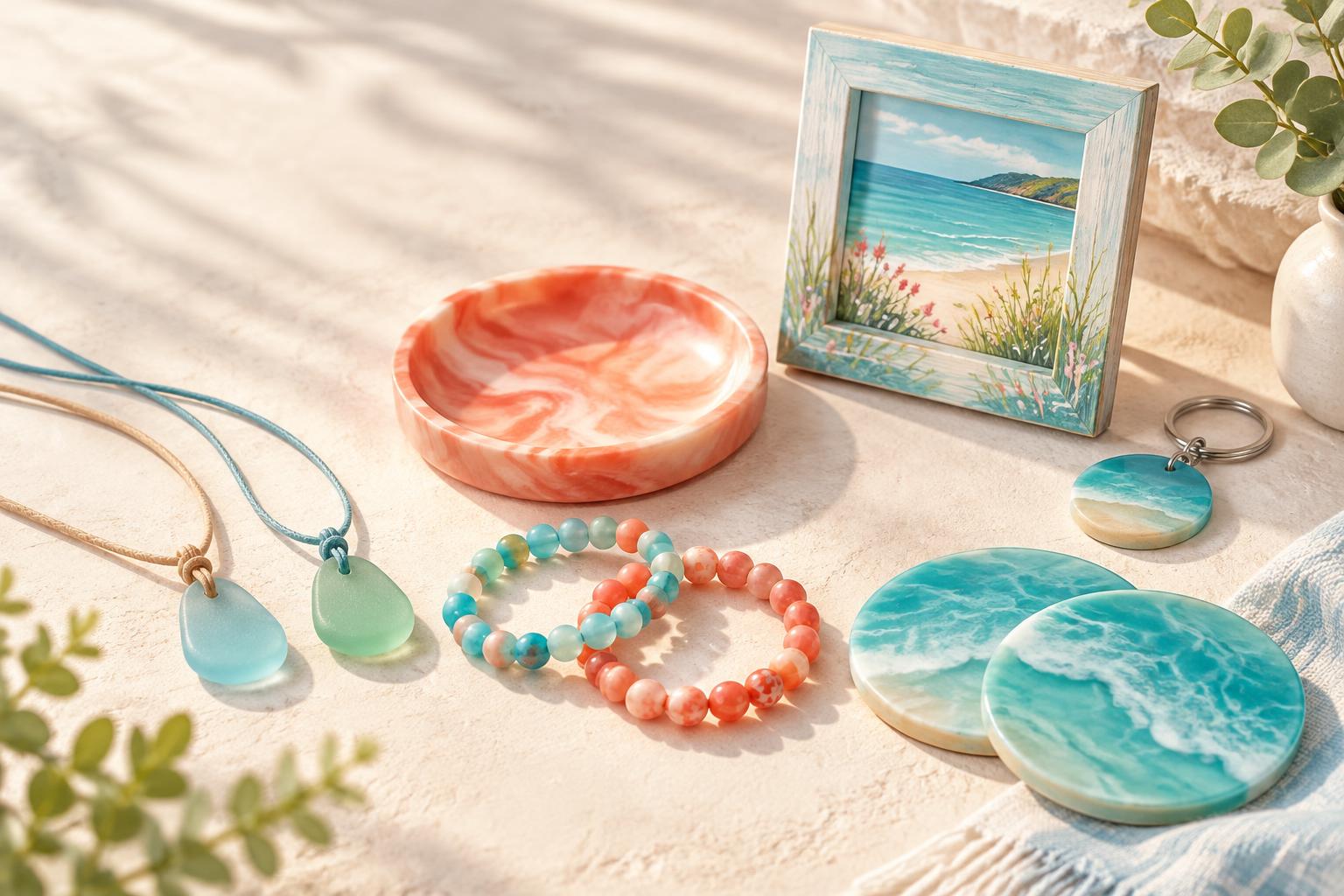 Sea-glass-style pendants, bracelets, resin coasters and a decorative picture frame