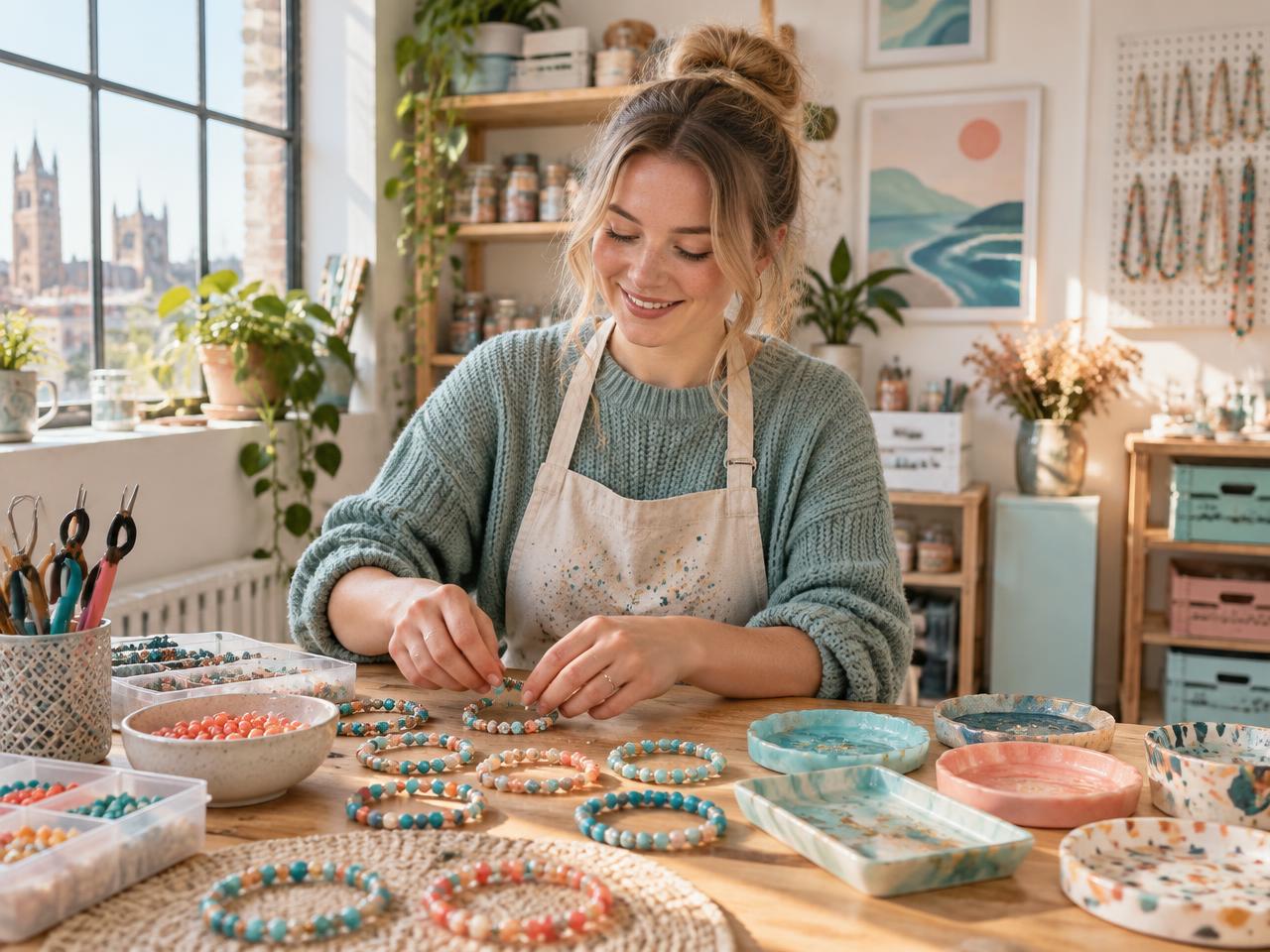 Phoebe creating handmade jewellery in her studio